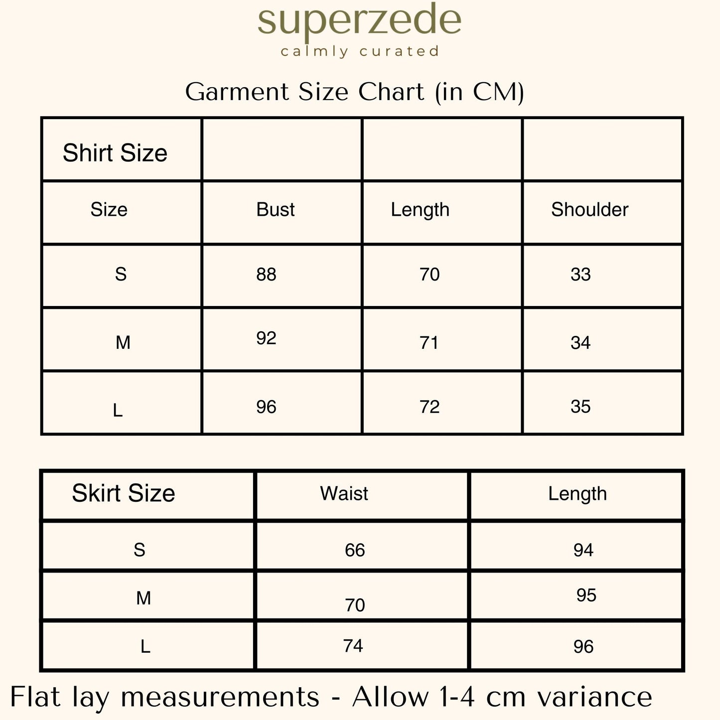 Superzede garment size chart with measurements in centimeters
