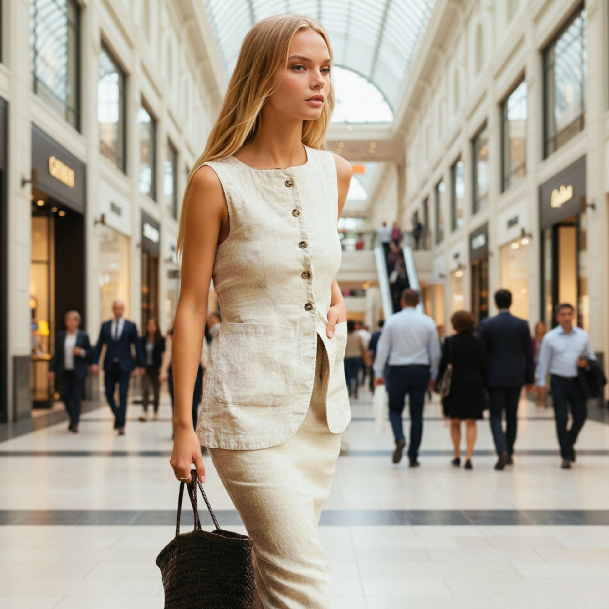 Woman in a beige outfit walking through a mall with blurred people in the background