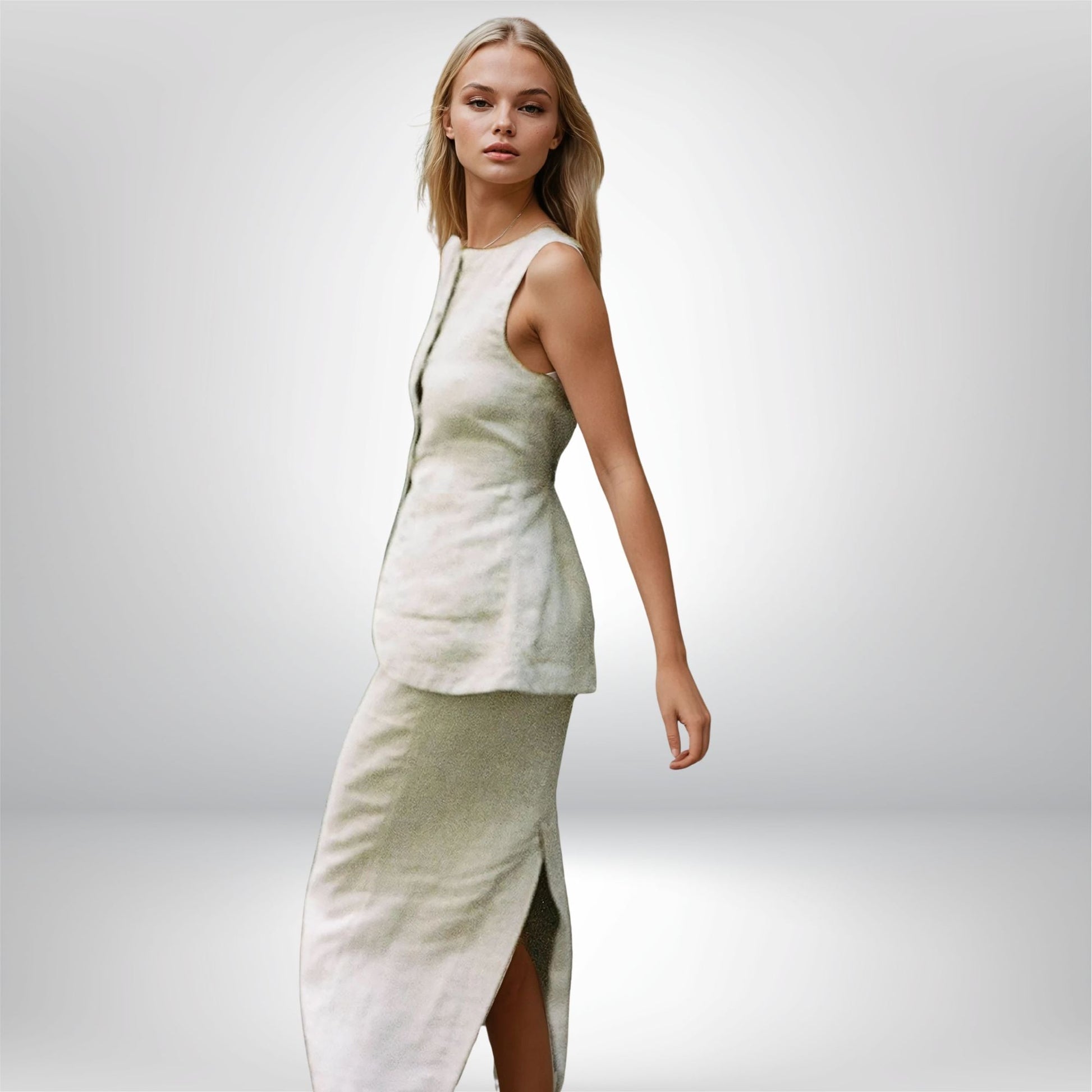 Woman wearing a light-colored sleeveless top and skirt set on a plain background. Side view of elegant cotton vest and skirt duo