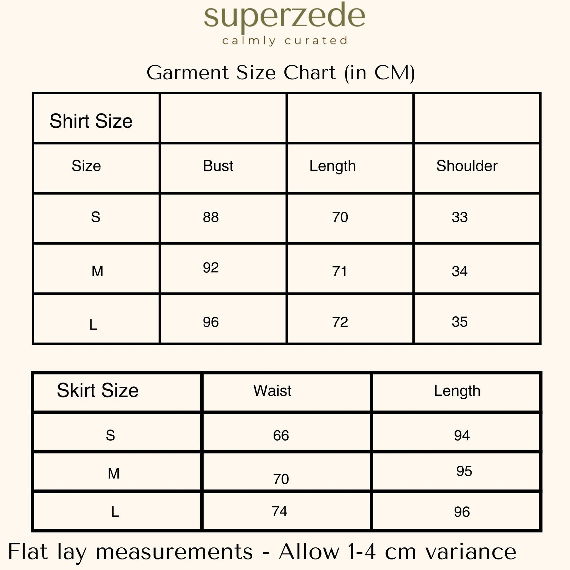 Superzede garment size chart with measurements in centimeters