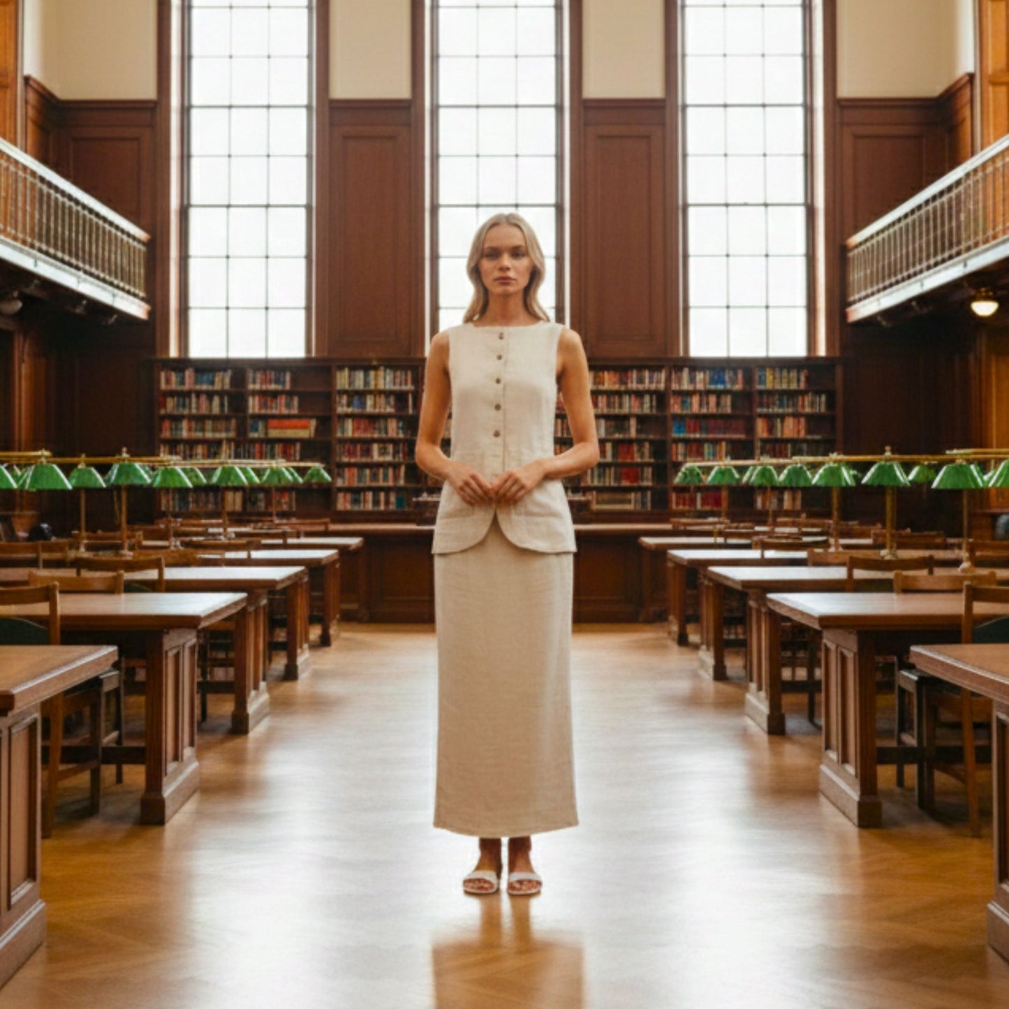 Woman standing in a large, empty library with high ceilings and large windows. Long cotton skirt with slit from SUPERZEDE two-piece set