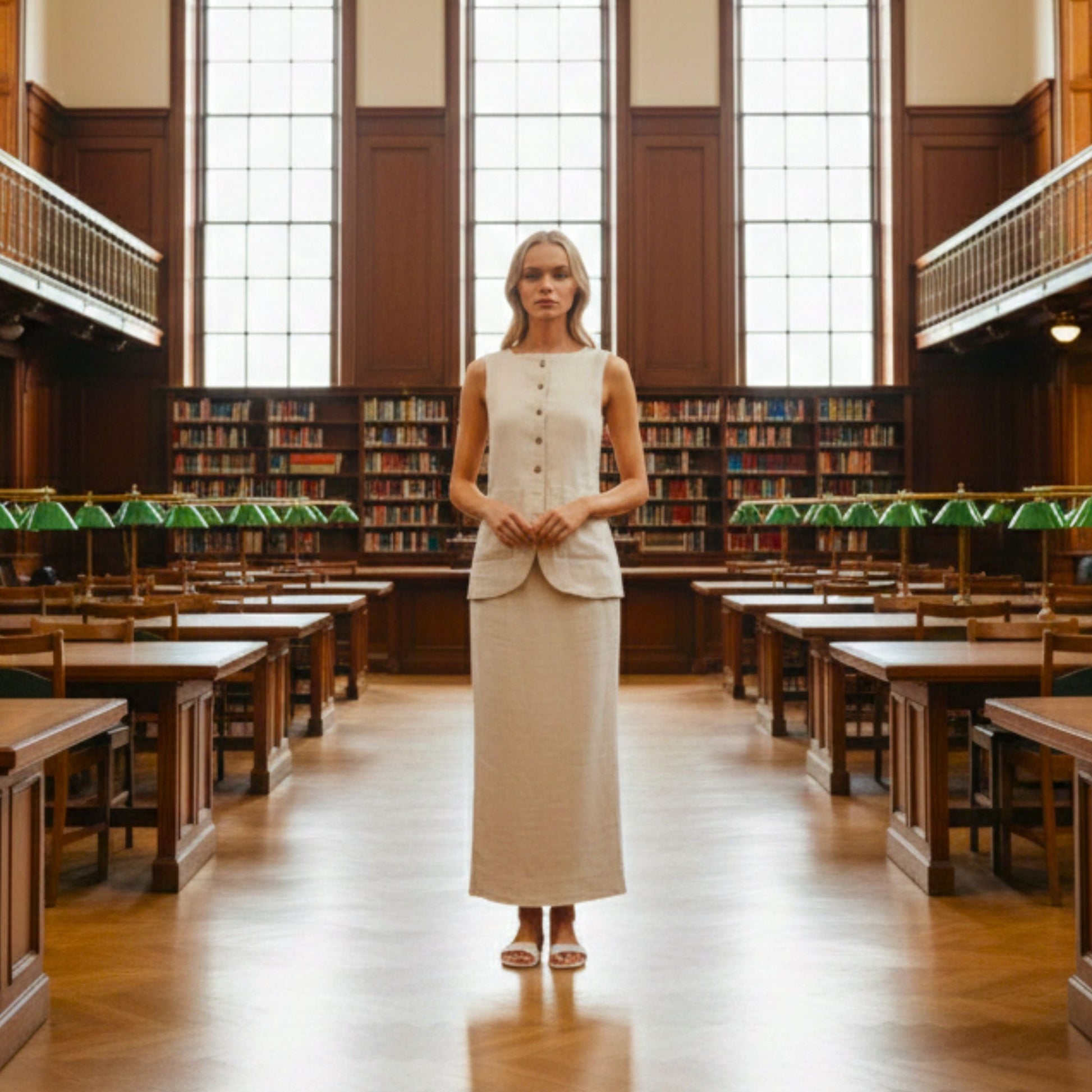 Woman standing in a large, empty library with high ceilings and large windows. Long cotton skirt with slit from SUPERZEDE two-piece set