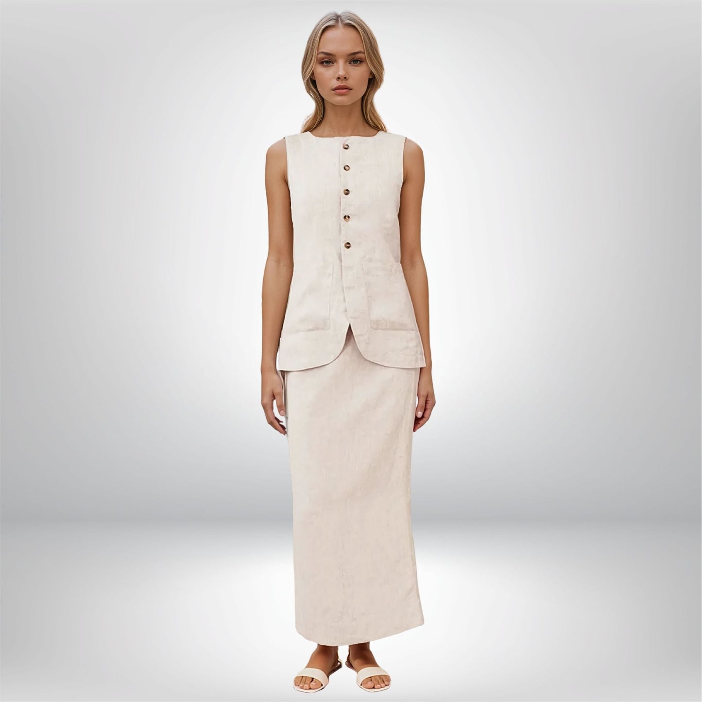 Woman wearing a beige sleeveless top and skirt set on a plain . SUPERZEDE sleeveless button-front vest with long skirt set background.