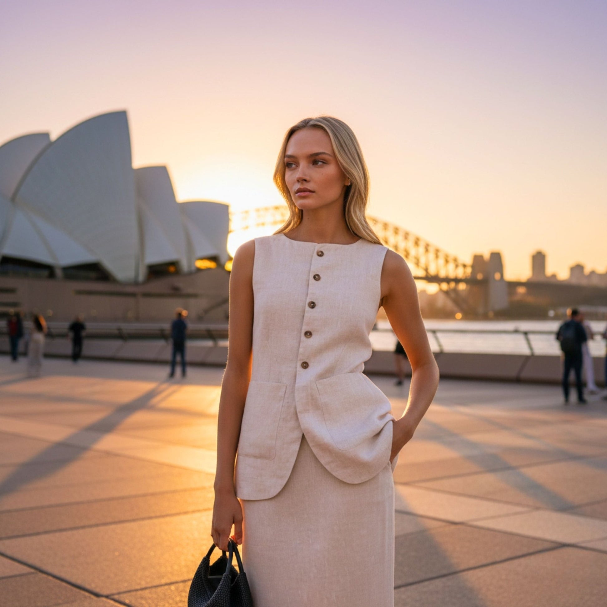Woman in a white outfit standing in front of the Sydney Opera House at sunset. Close-up of cotton vest buttons and minimalist design details