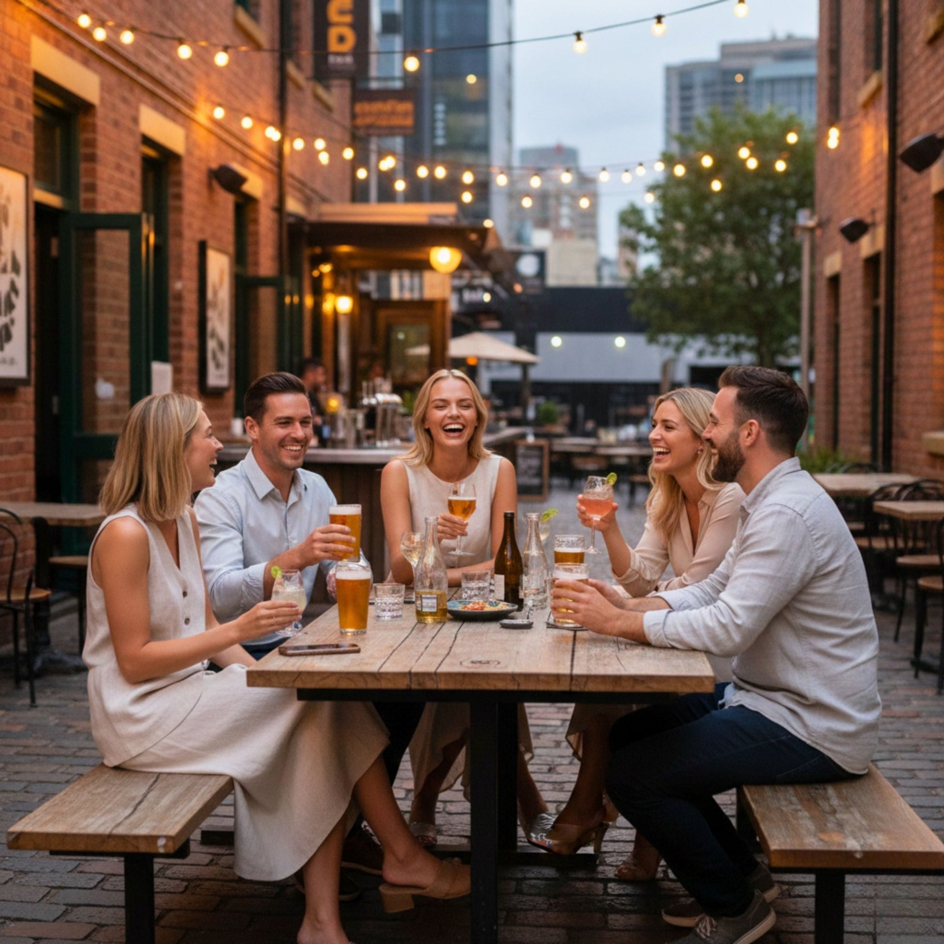 Group of people enjoying drinks at an outdoor bar in an urban setting