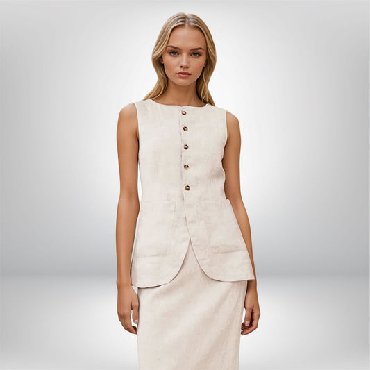 Woman wearing a beige sleeveless blazer and skirt set on a plain background.  Woman wearing cotton vest and long skirt minimalist two-piece suit