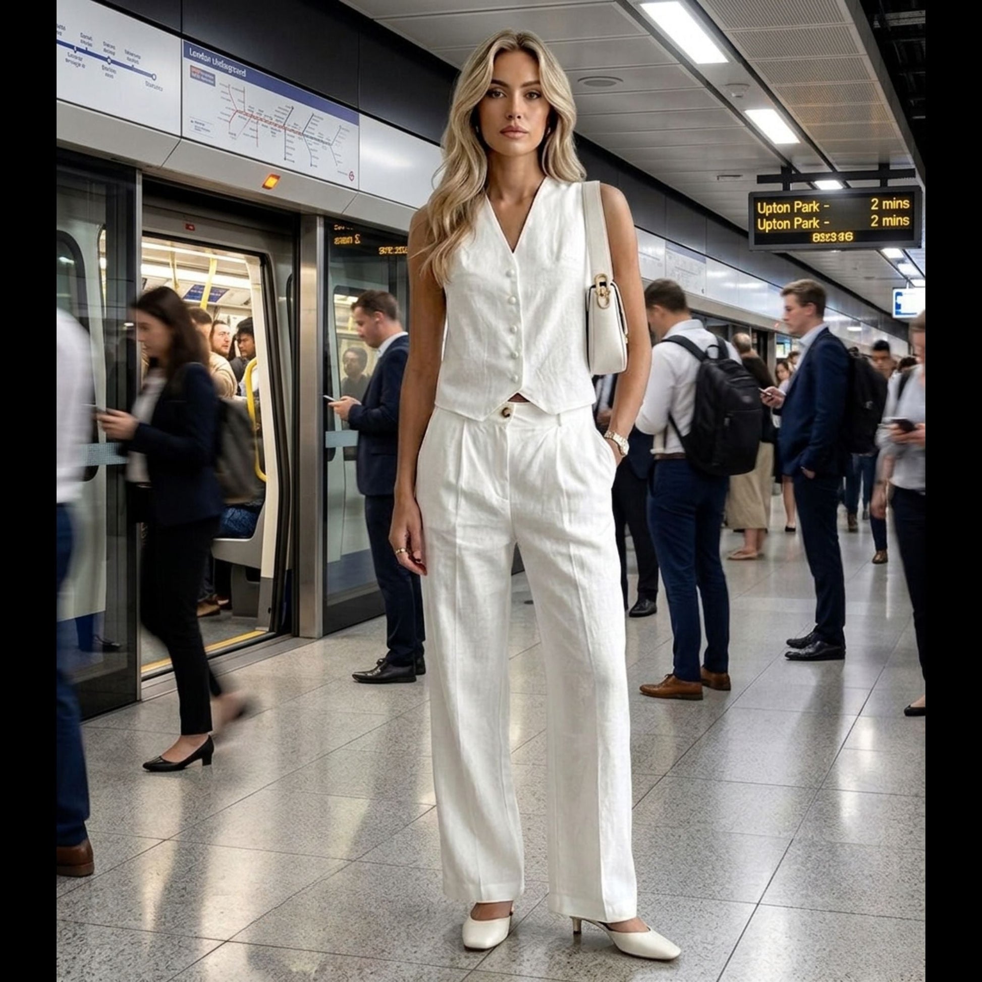 Woman in a white outfit standing in a subway station with people around her.