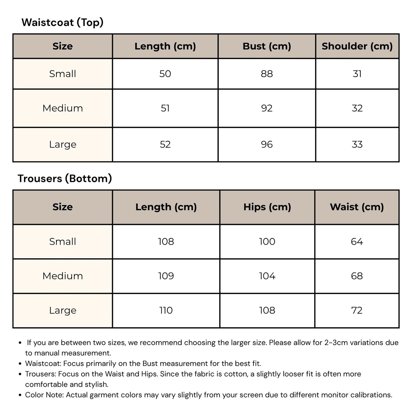 Size chart for waistcoats and trousers with measurements in centimeters.