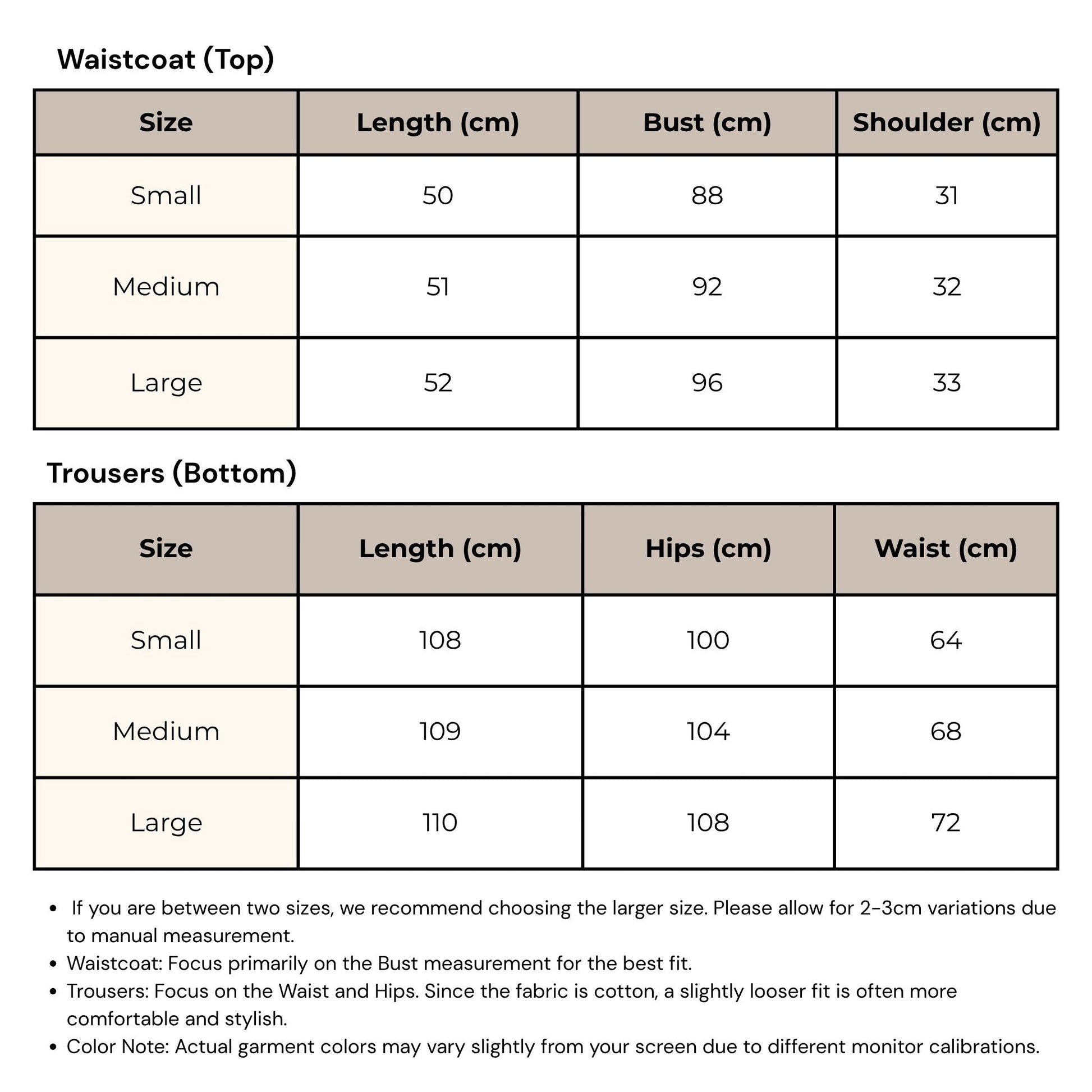 Size chart for waistcoats and trousers with measurements in centimeters.