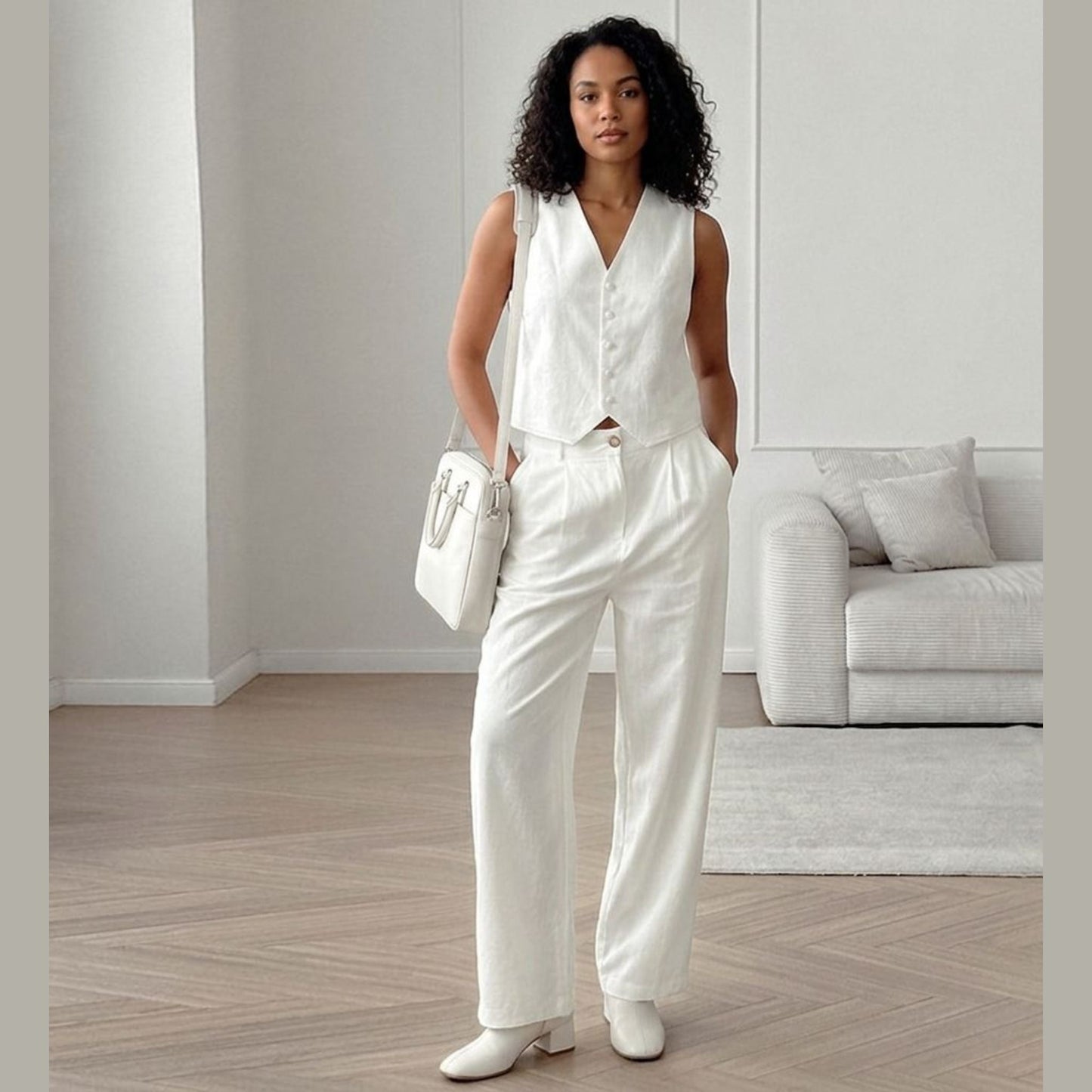 Woman in a white outfit standing in a minimalistic room with a couch and coffee table.