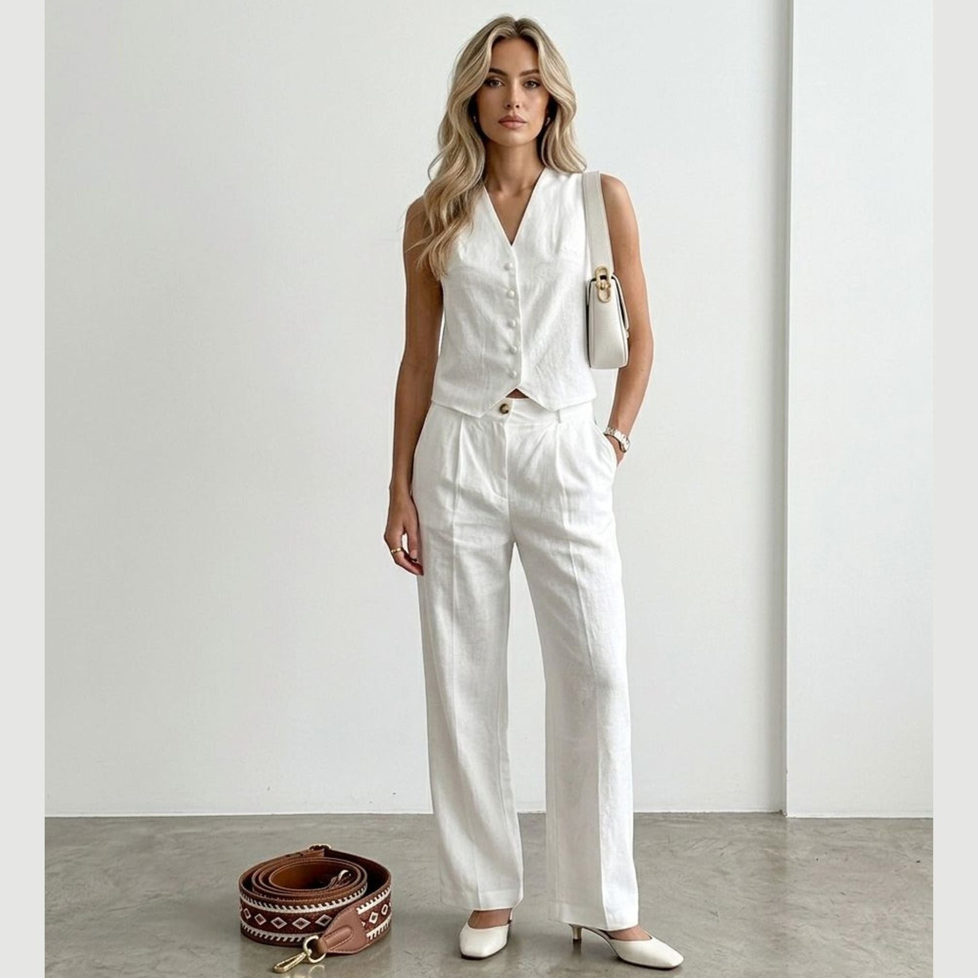 Woman wearing a white outfit with a belt and handbag on a plain background