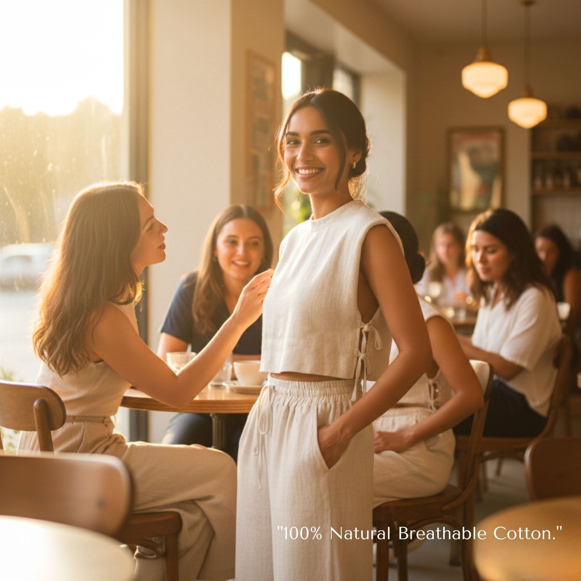 Woman in a white outfit standing in a café with other people in the background, promoting natural breathable cotton. Wide leg pants from cotton two-piece set with deep pockets