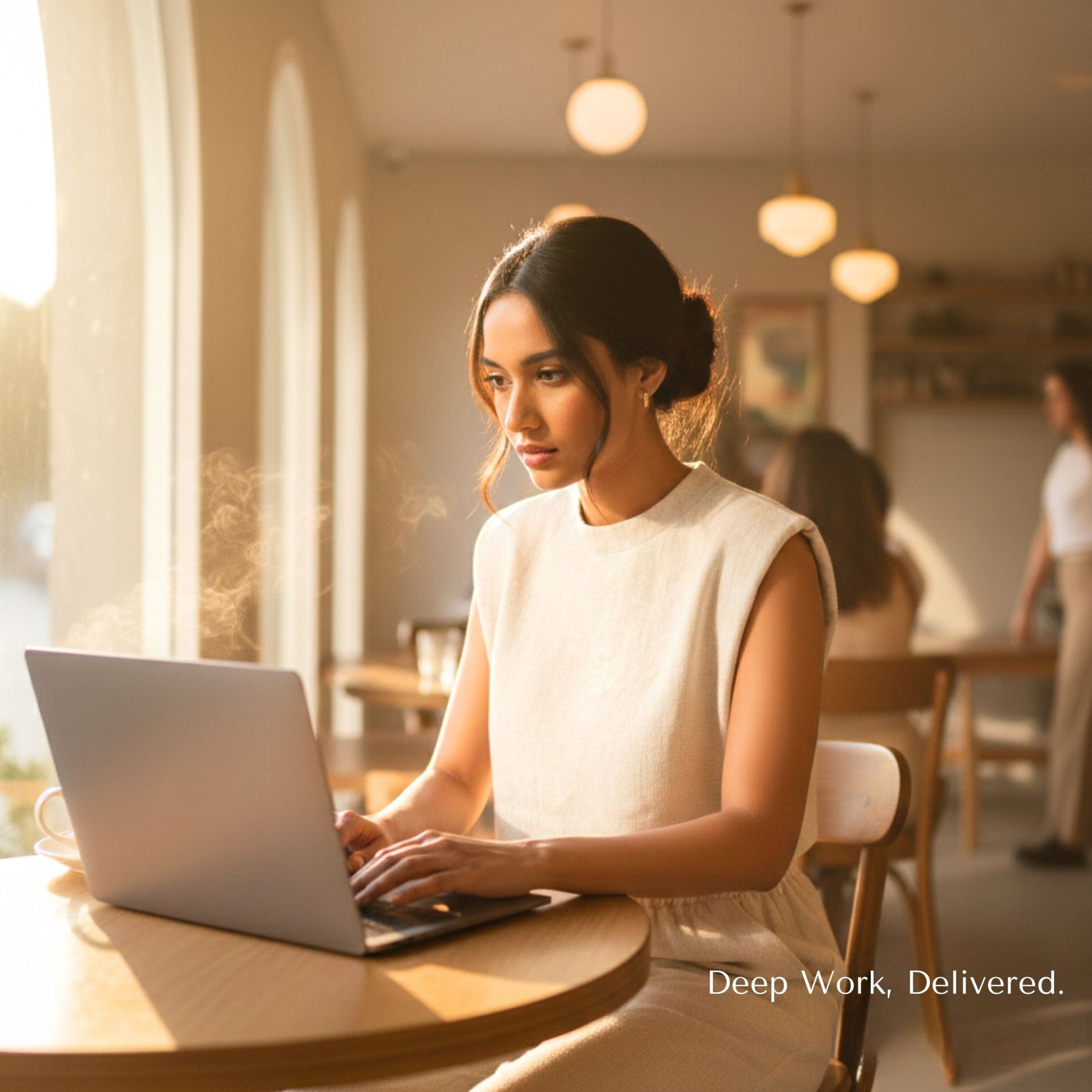 Woman working on a laptop in a cafe with warm lighting. Side view of modern cotton duo with structured silhouette