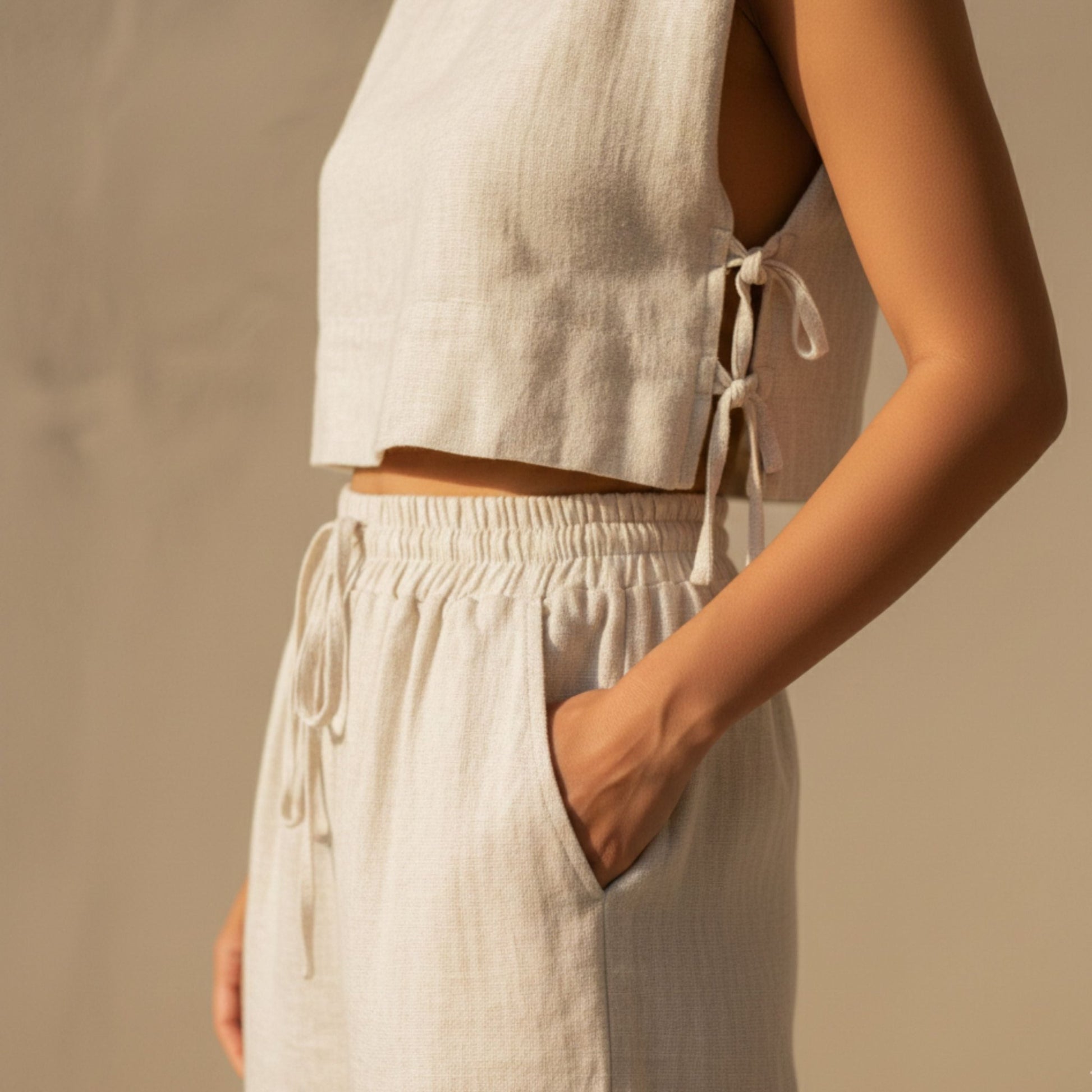Person wearing a beige sleeveless top and pants against a neutral . Woman wearing cotton padded shoulder top and wide leg pants set background