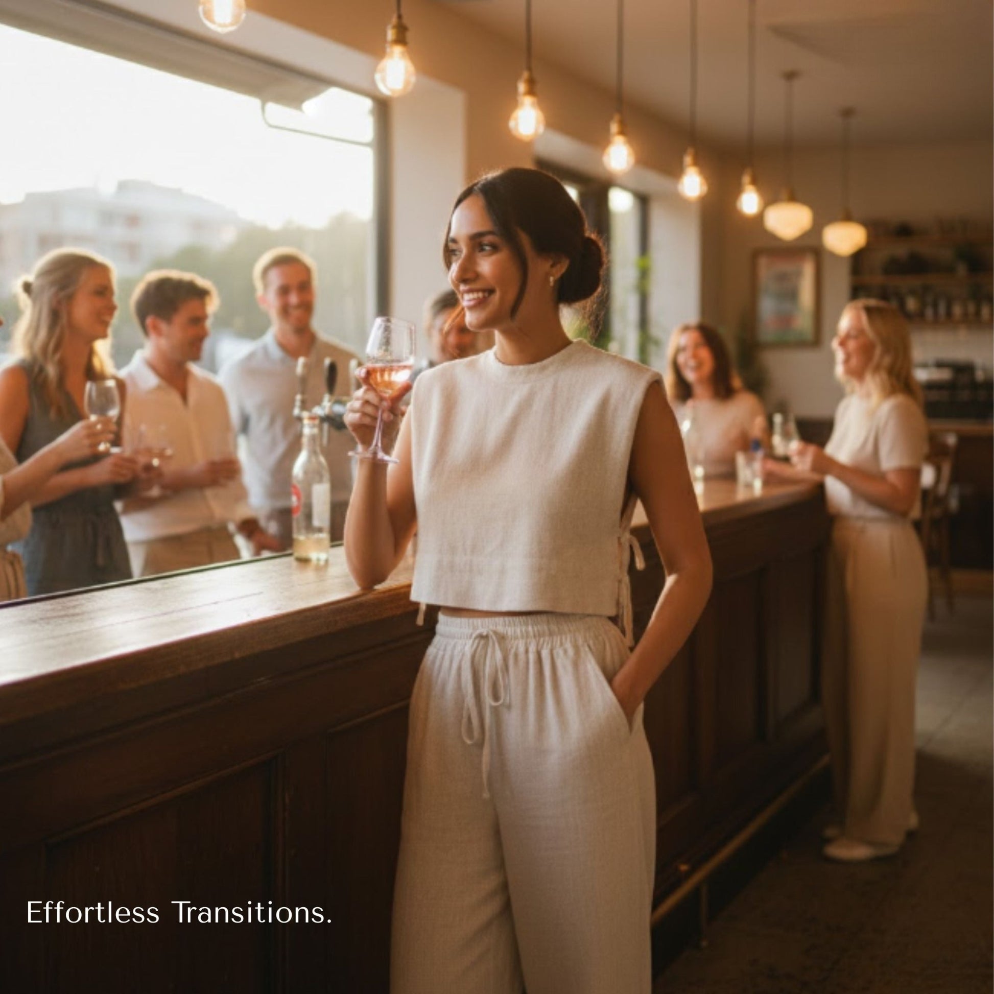 Woman standing in a bar with friends in the background, wearing a white sleeveless top and pants.