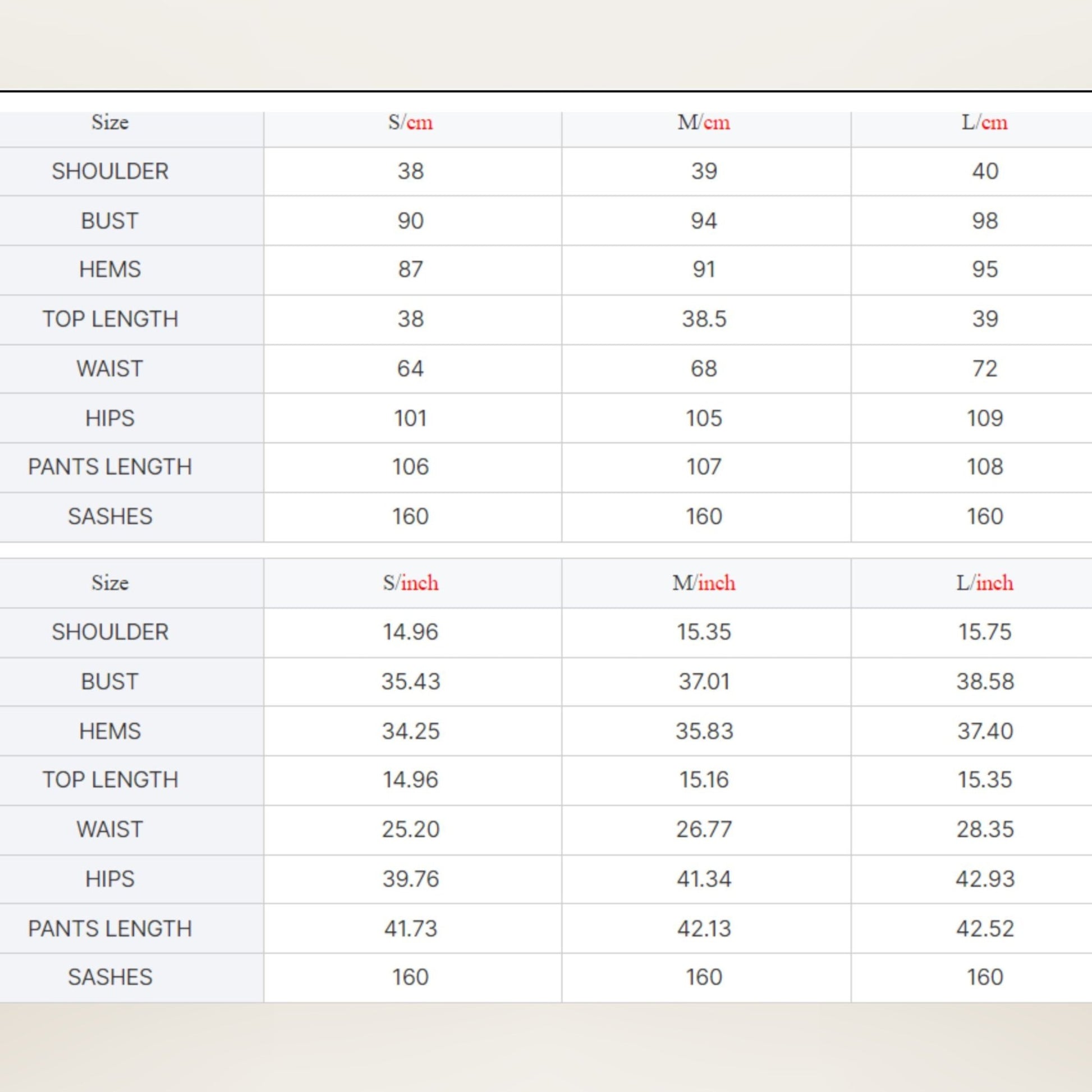 Measurement chart for shoulder, bust, hem, top length, waist, hips, pants length, and sashes in both centimeters and inches.