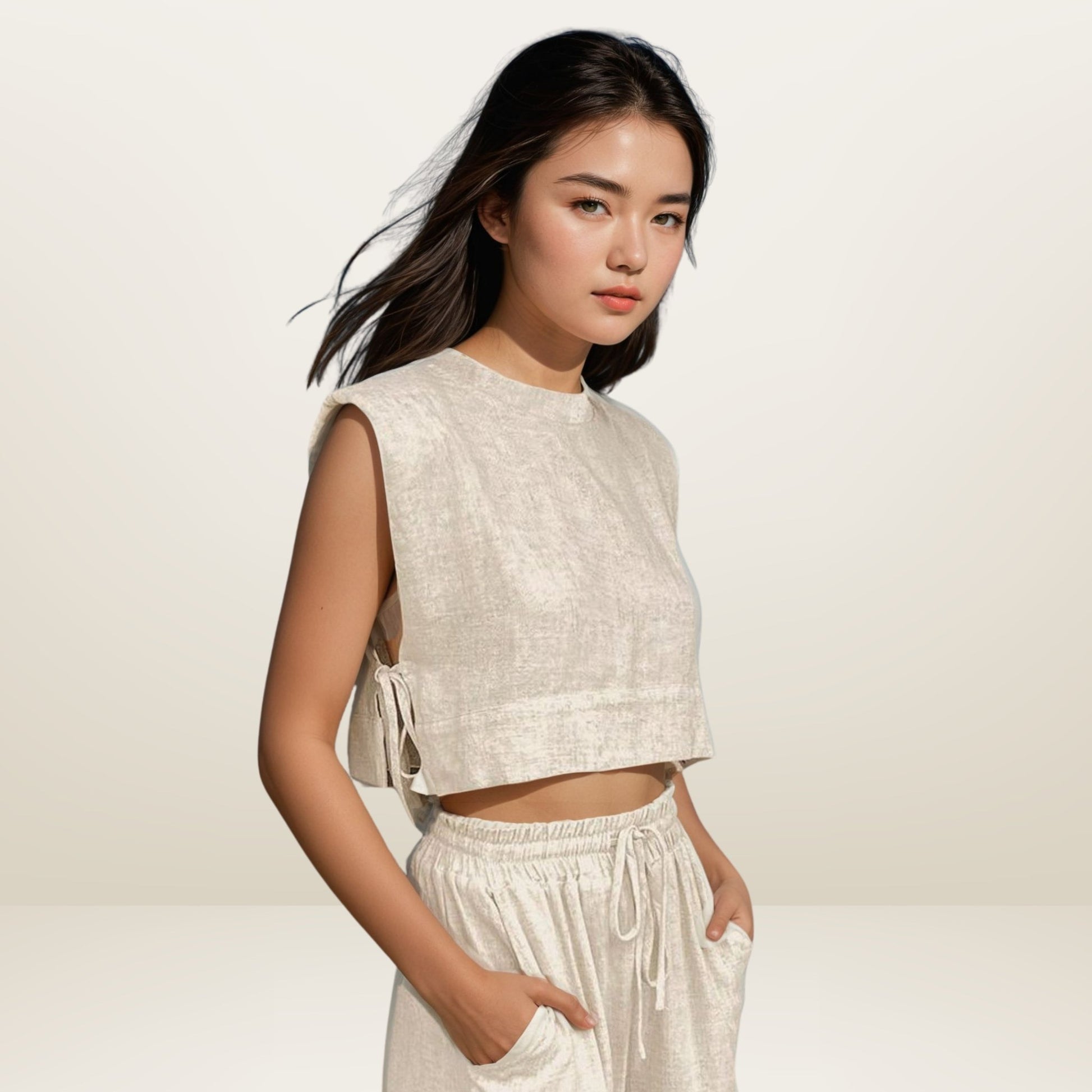 Woman wearing a light-colored sleeveless padded shouldered top and pants against a plain background. Woman wearing cotton padded shoulder top and wide leg pants set