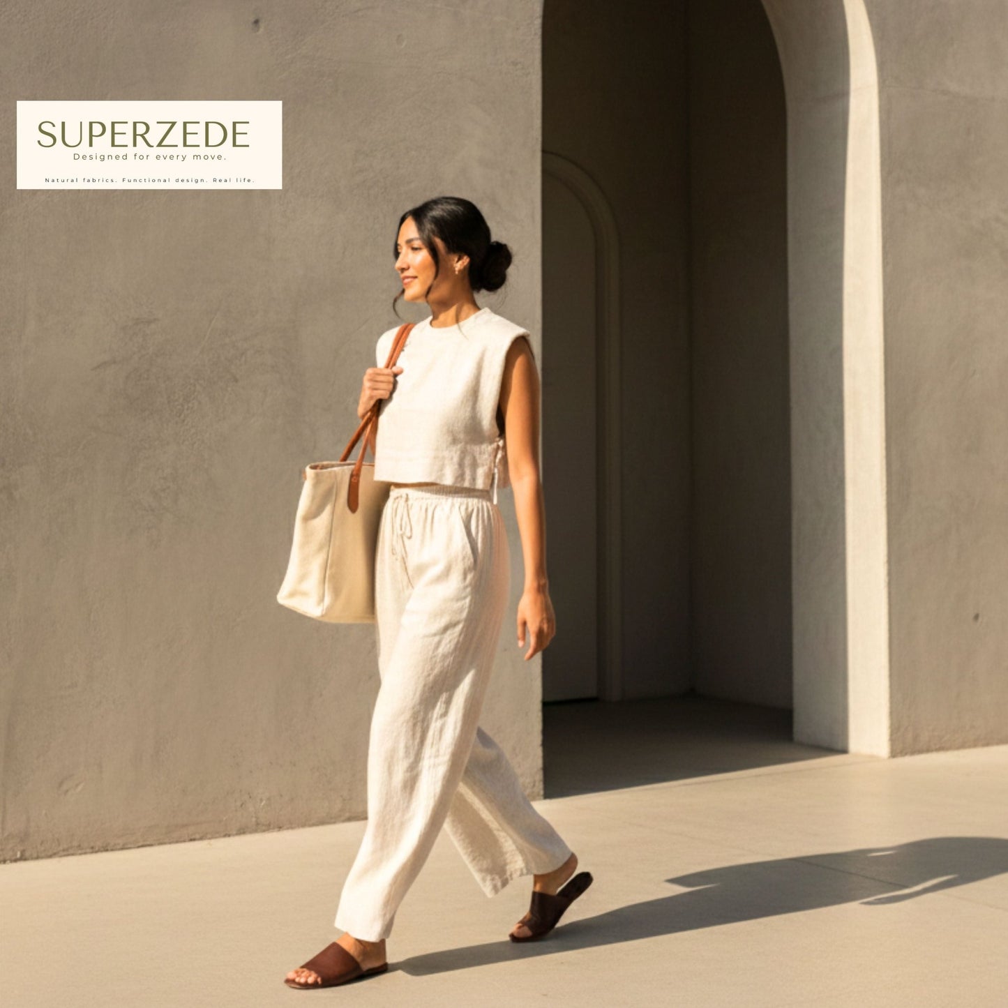 Woman in a white outfit holding a beige bag against a gray wall with 'Superzeide' branding. Side view of modern cotton duo with structured silhouette