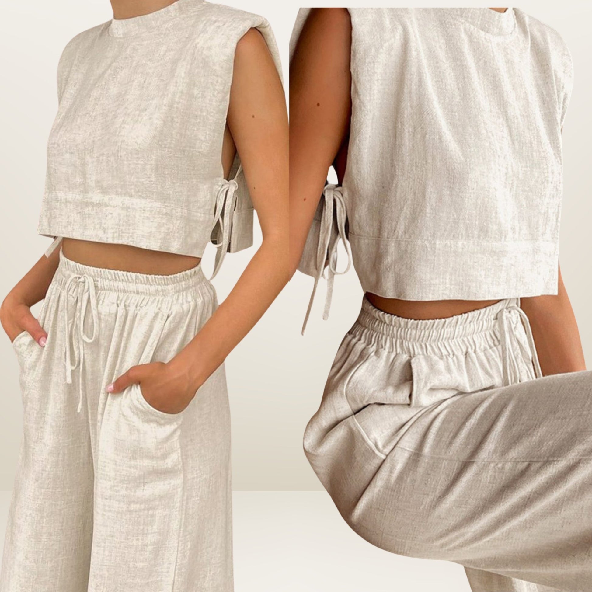Two views of a person wearing a beige sleeveless top and pants set on a plain background. Side view of modern cotton duo with structured silhouette