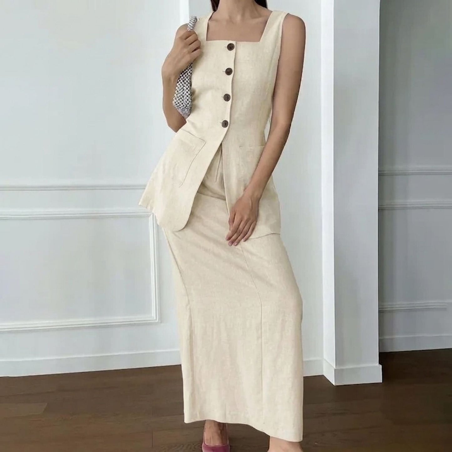 Women's Cotton Waistcoat & Midi Skirt Co-ord Set | SUPERZEDE